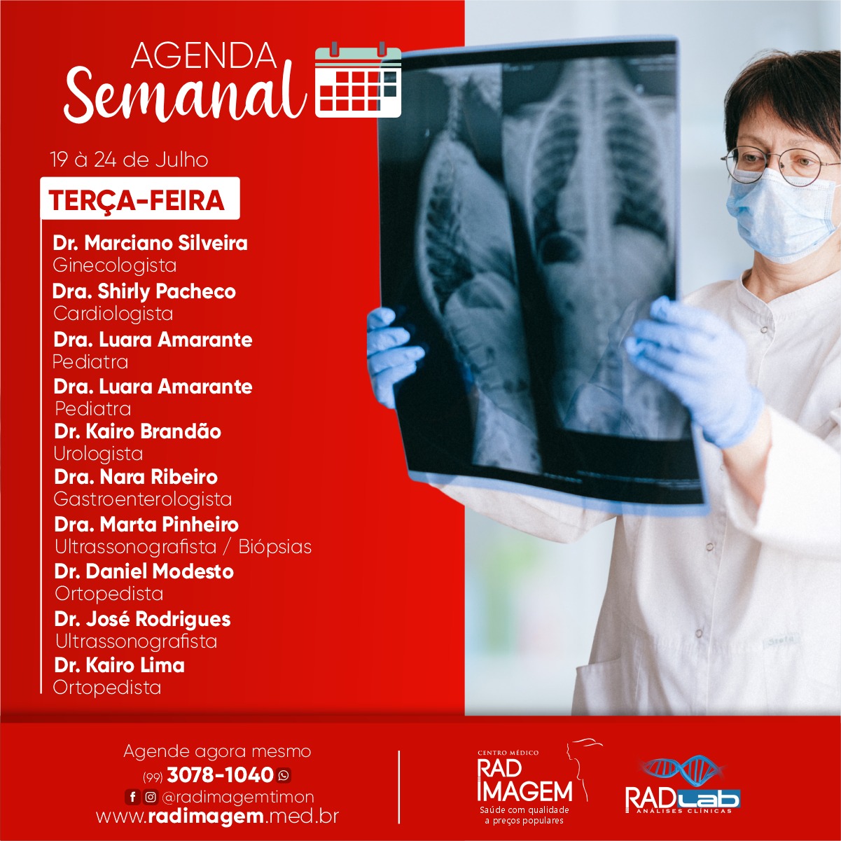 Confira os médicos que estarão atendendo nesta terça (20) na Rad Imagem de Timon
